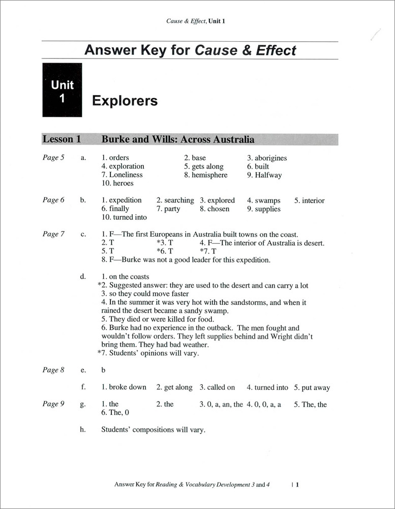 Reading & Vocabulary Development Cause & Effect (Fourth Edition) and Concepts & Comments (Third Edition) : Answer Key & Video Transcript (Paperback)